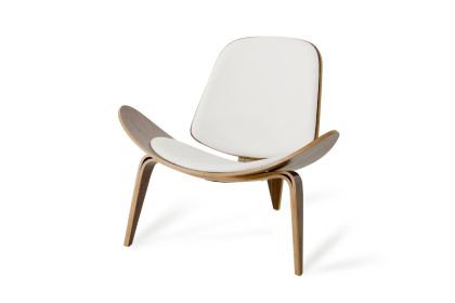 30" Walnut Wood And White Leather Accent Chair