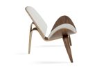 30" Walnut Wood And White Leather Accent Chair