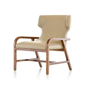 32" Walnut Wood And Taupe Leatherette Accent Chair