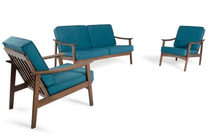 32" Blue And Walnut Wood And Linen Sofa Set
