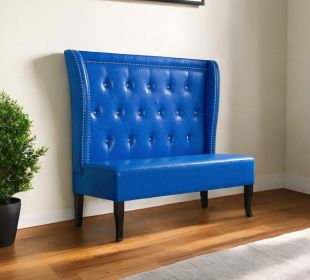 51" Blue Faux Leather Settee With Dark Brown Legs
