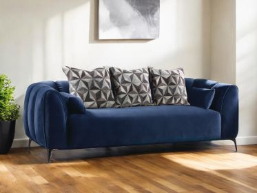 90" Blue Velvet Sofa With Silver Legs