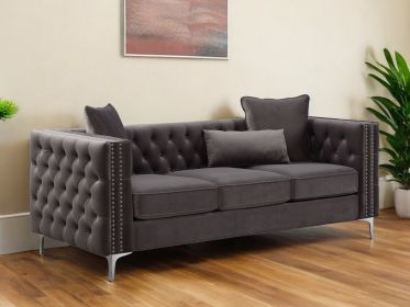 86" Dark Gray Velvet Sofa With Silver Legs