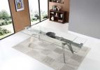79" Clear and Silver Glass and Stainless Steel Self-Storing Leaf Dining Table