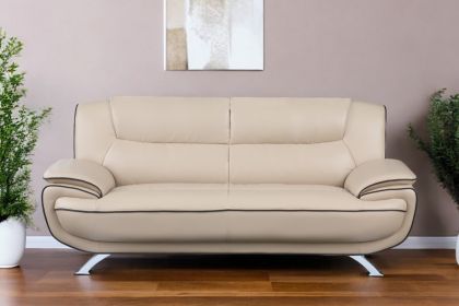 80" Beige Leather Sofa With Silver Legs