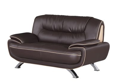 64" Brown And Silver Faux Leather Loveseat