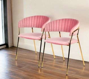 Set of Two Pink And Gold Upholstered Polyester Dining Arm Chairs